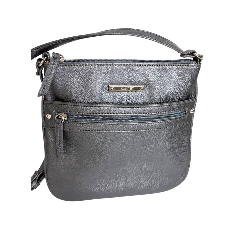 Nine West Gunmetal Leather Crossbody Bag Purse Adj. Strap Commuter Travel Chic